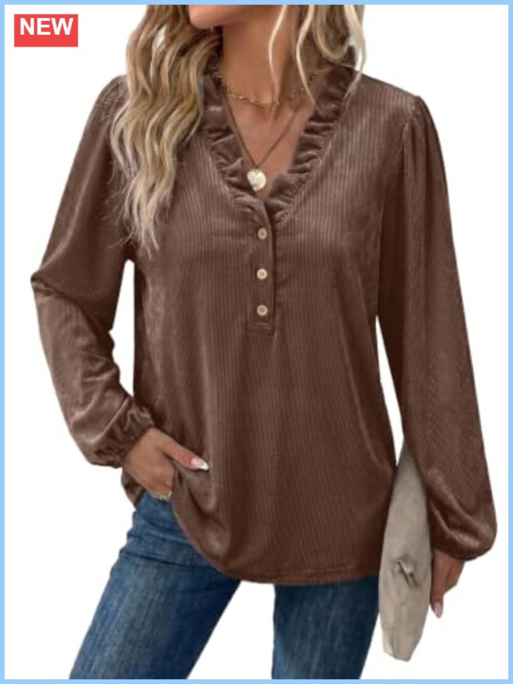 Dokotoo Womens Ruffle V Neck Button Long Sleeve Blouse